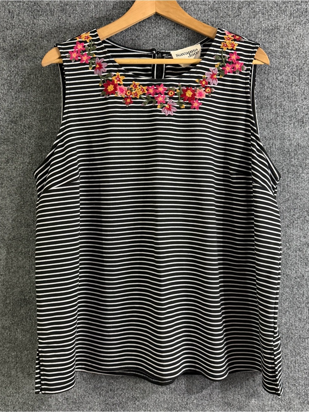 Savanna Jane Womens 2X Striped Floral Embroidered Neck Tank Top Black White